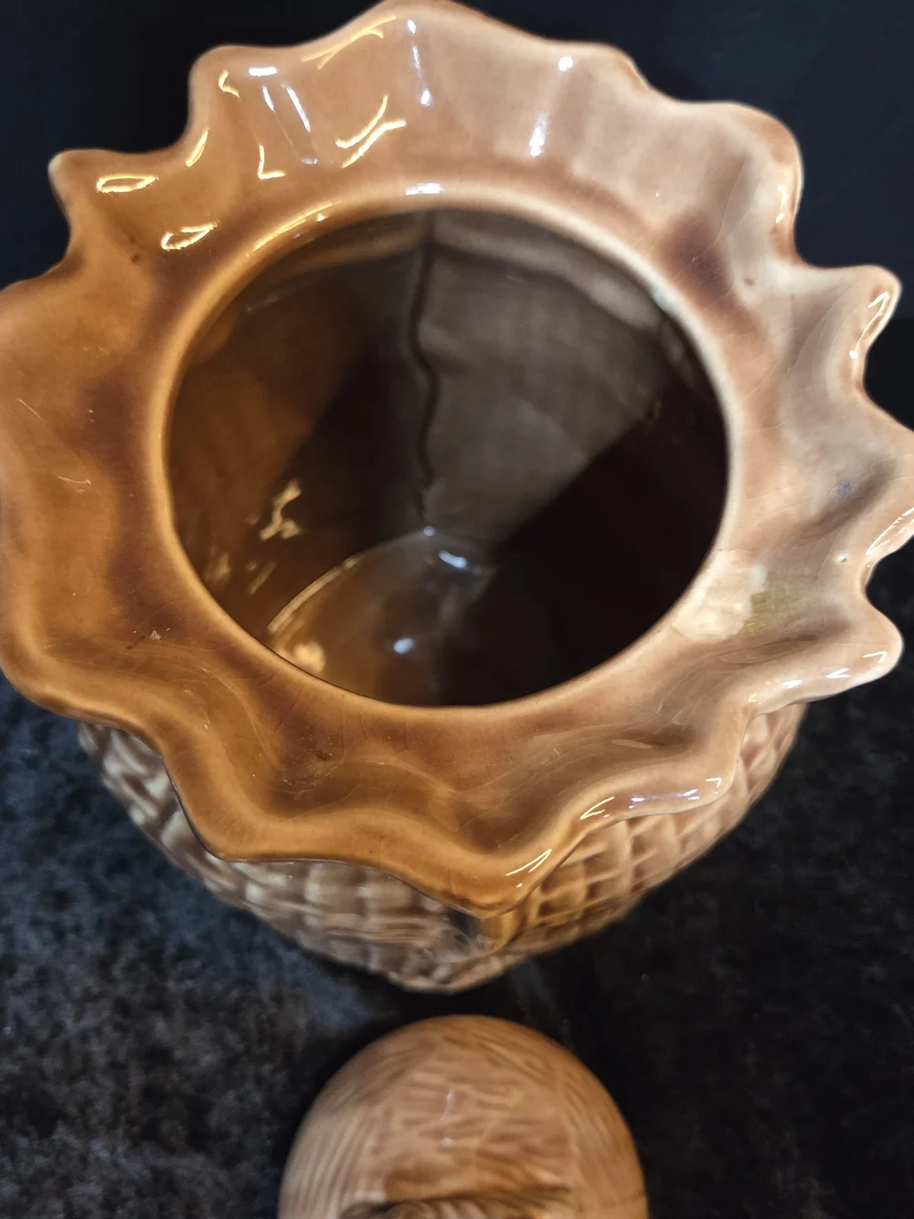Mccoy Brown Glazed Ceramic Basketweave Cookie Jar with Lid